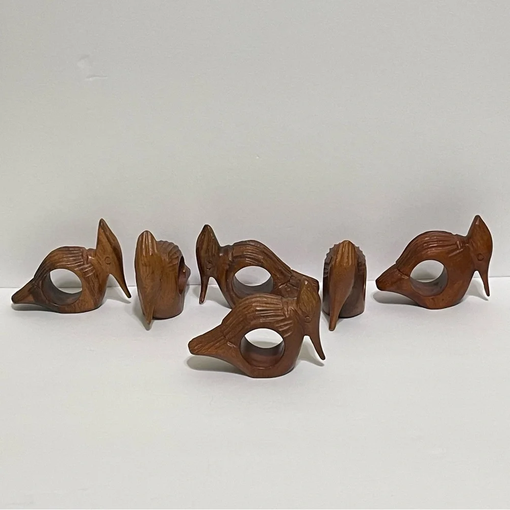 Woodpecker Bird Napkin Rings Hand Carved Wood Rustic Farmhouse Cabin Set of 6